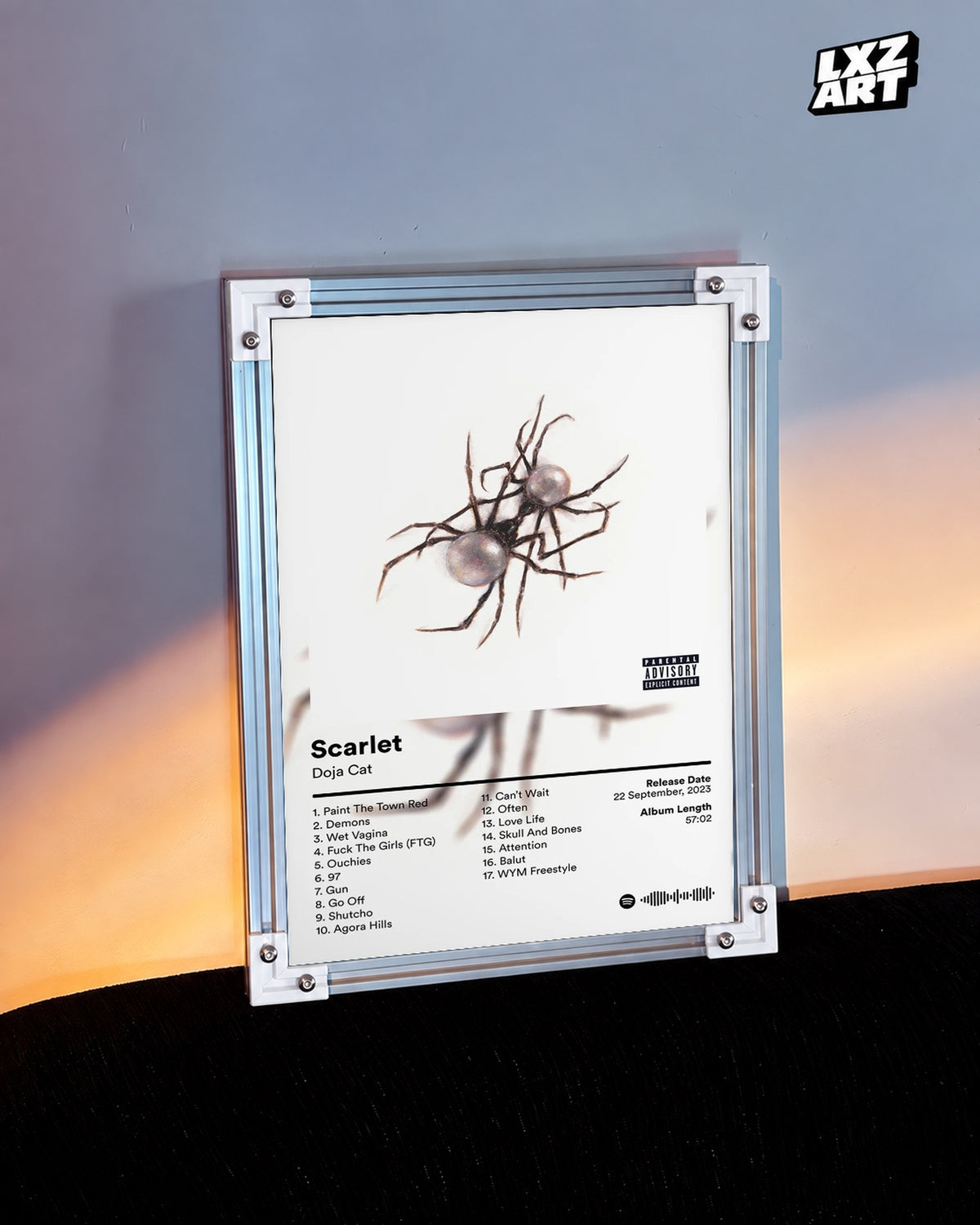 Doja Cat Scarlet Tracklist Poster — warm light wall; frame for display only