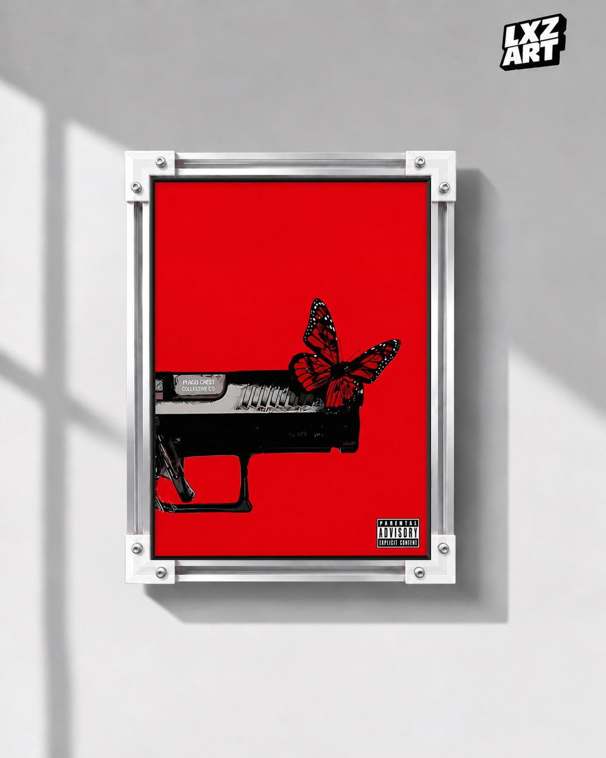Playboi Carti Red Butterfly Poster — gray wall front view; frame for display only
