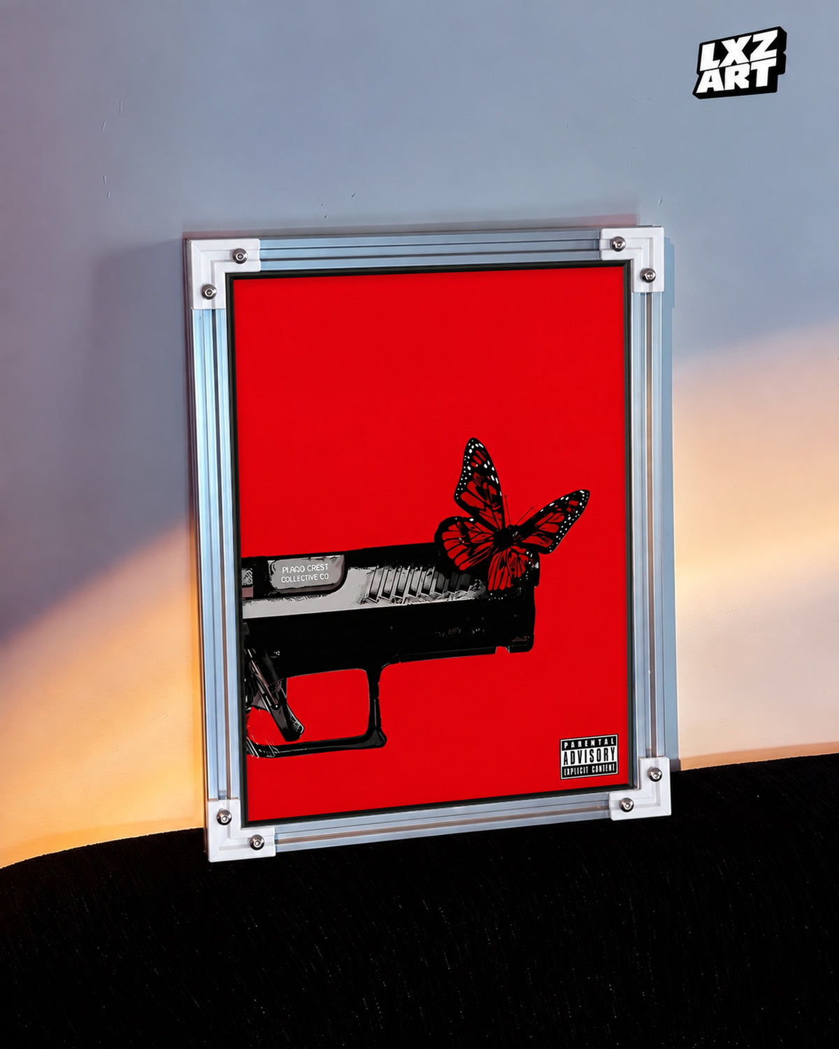 Playboi Carti Red Butterfly Poster — warm light wall; frame for display only