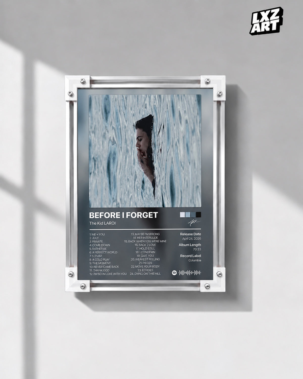 The Kid LAROI Before I Forget Tracklist Poster — gray wall front view; frame for display only