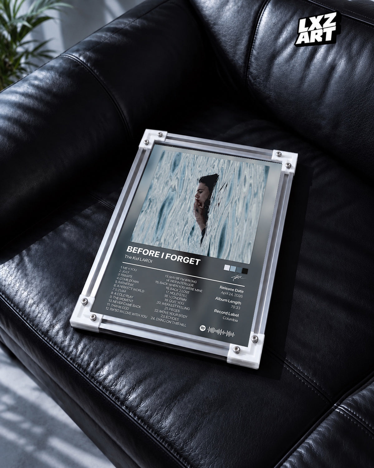 The Kid LAROI Before I Forget Tracklist Poster — black leather sofa; frame for display only