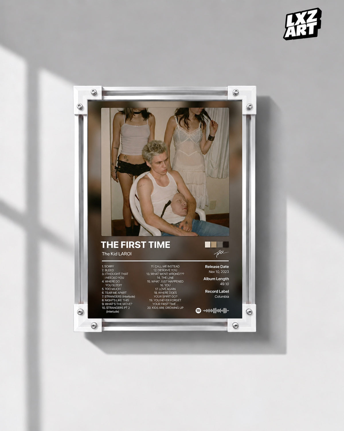 The Kid LAROI The First Time Vintage Tracklist Poster — gray wall front view; frame for display only