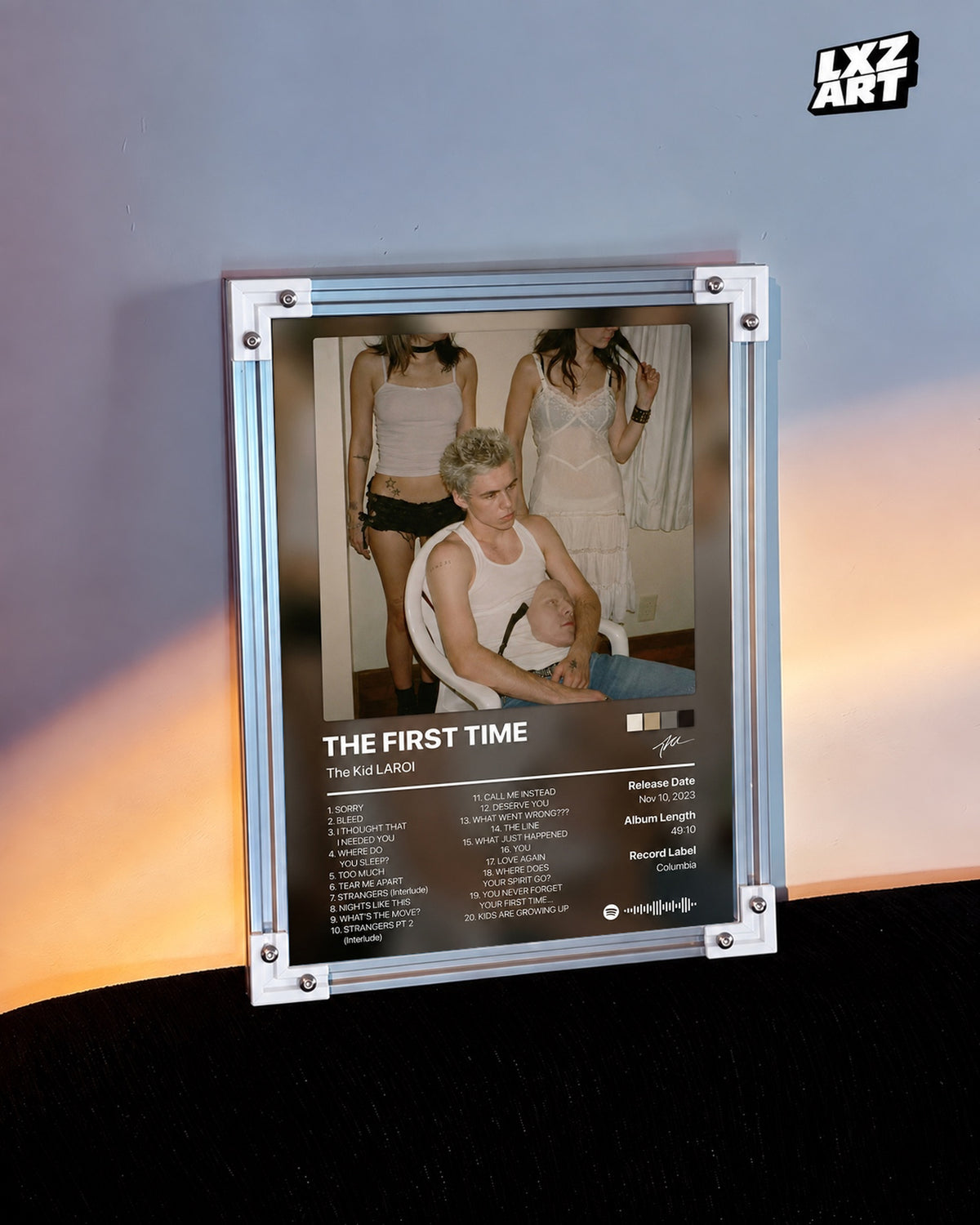 The Kid LAROI The First Time Vintage Tracklist Poster — warm light wall; frame for display only