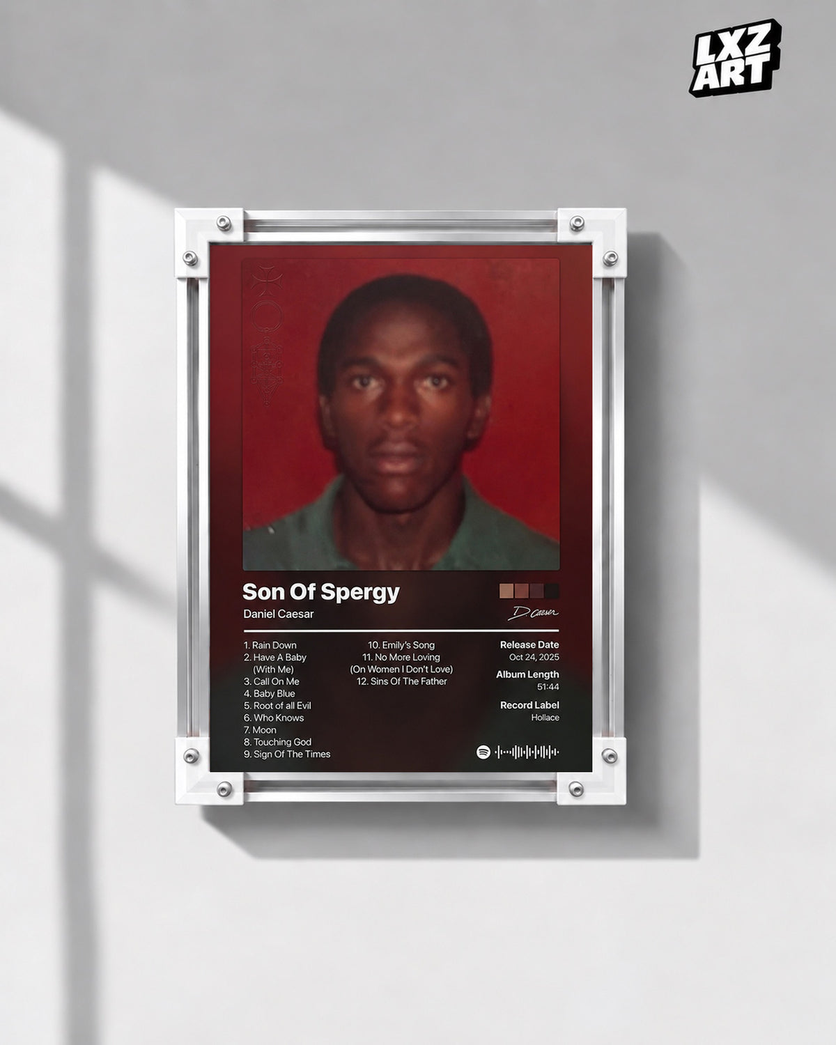 Daniel Caesar Son Of Spergy Tracklist Poster — gray wall front view; frame for display only