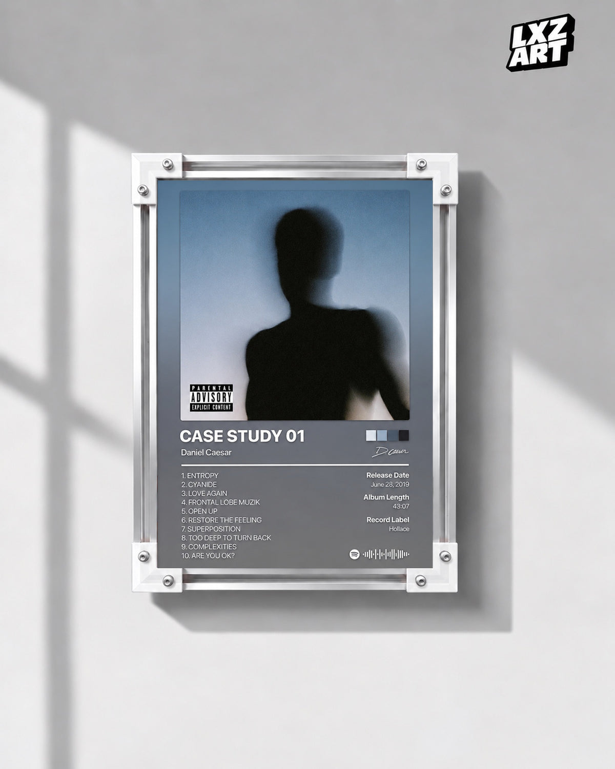 Daniel Caesar CASE STUDY 01 Tracklist Poster — gray wall front view; frame for display only