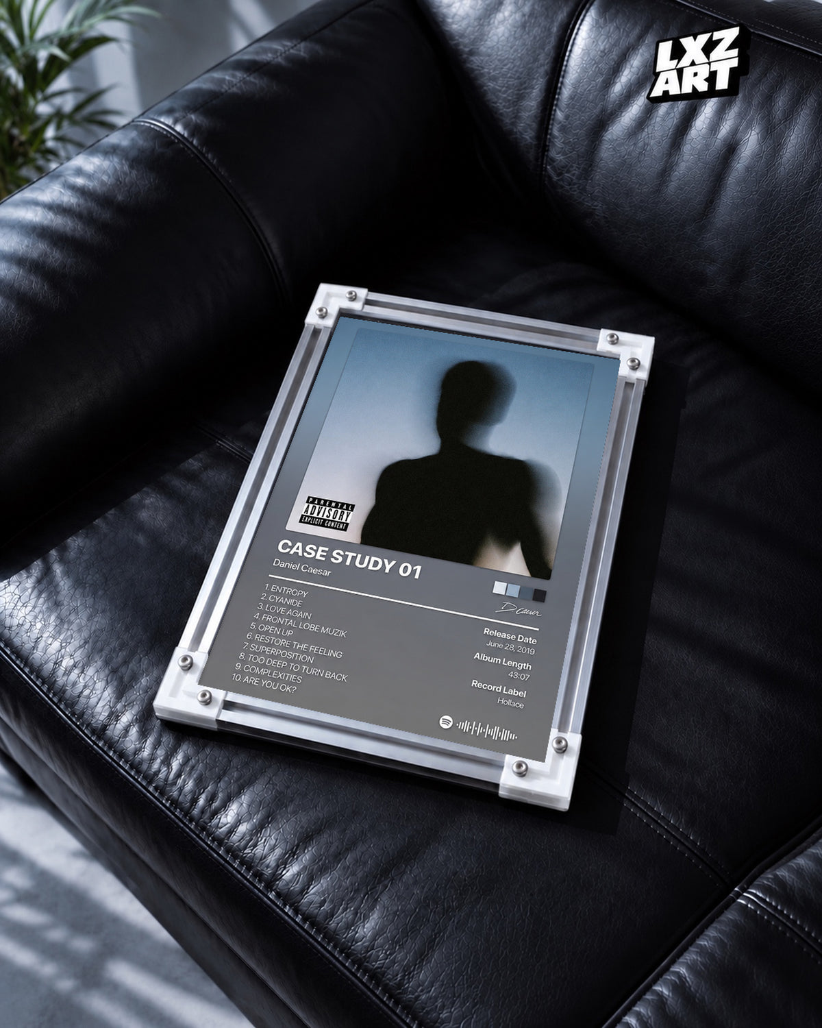 Daniel Caesar CASE STUDY 01 Tracklist Poster — black leather sofa; frame for display only
