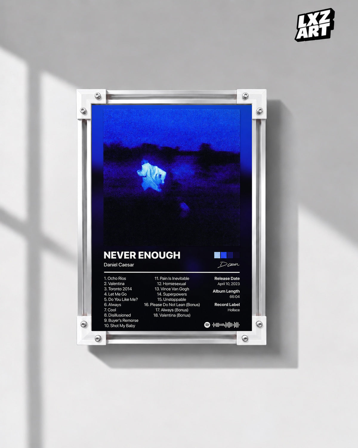 Daniel Caesar Never Enough Tracklist Poster — gray wall front view; frame for display only