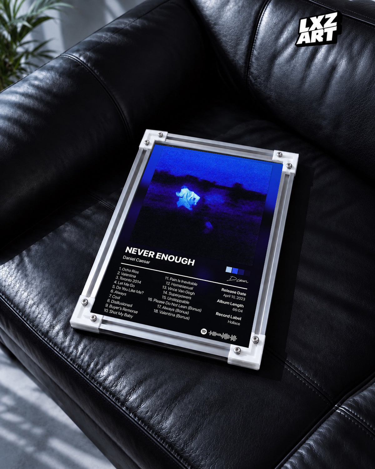 Daniel Caesar Never Enough Tracklist Poster — black leather sofa; frame for display only