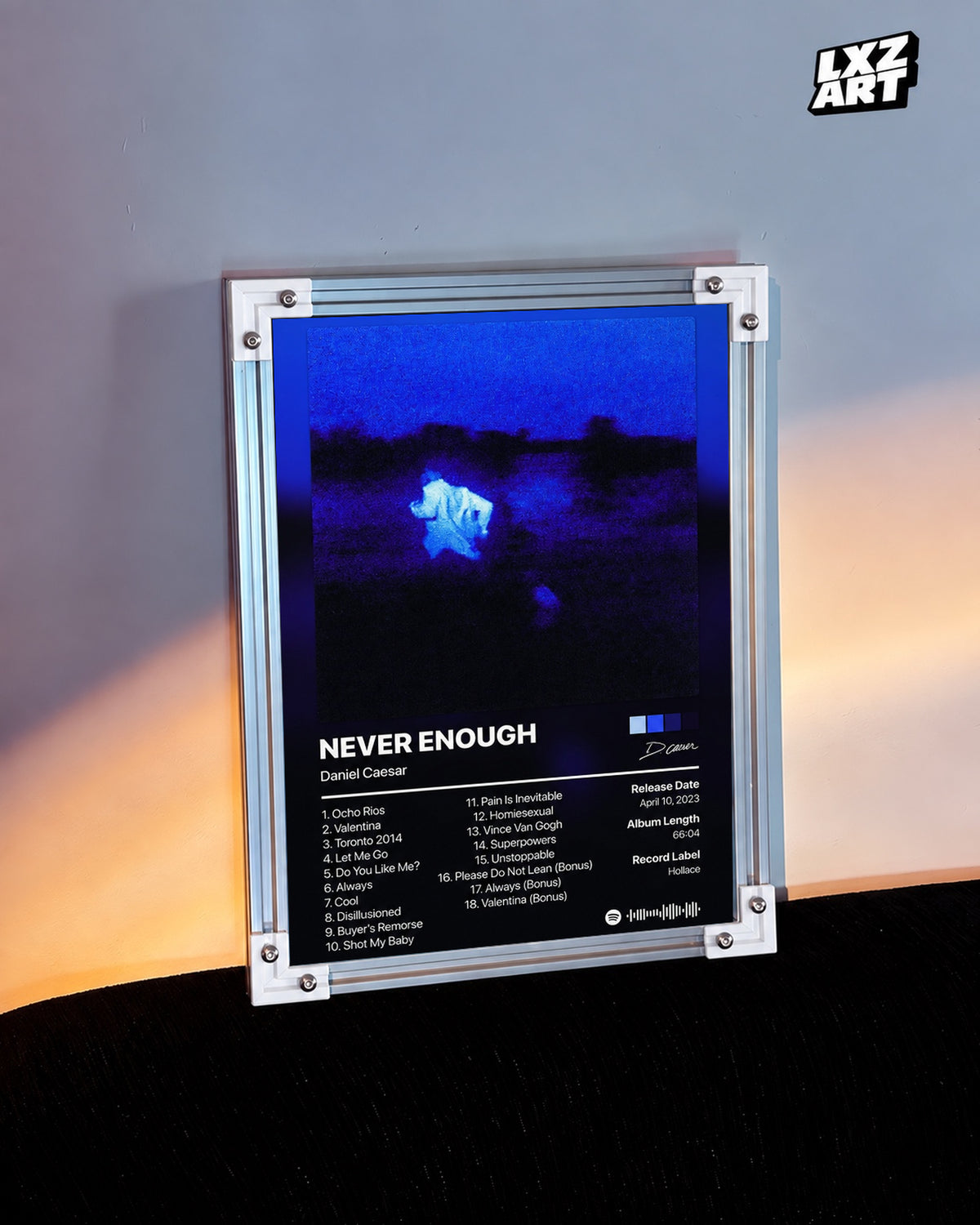 Daniel Caesar Never Enough Tracklist Poster — warm light wall; frame for display only