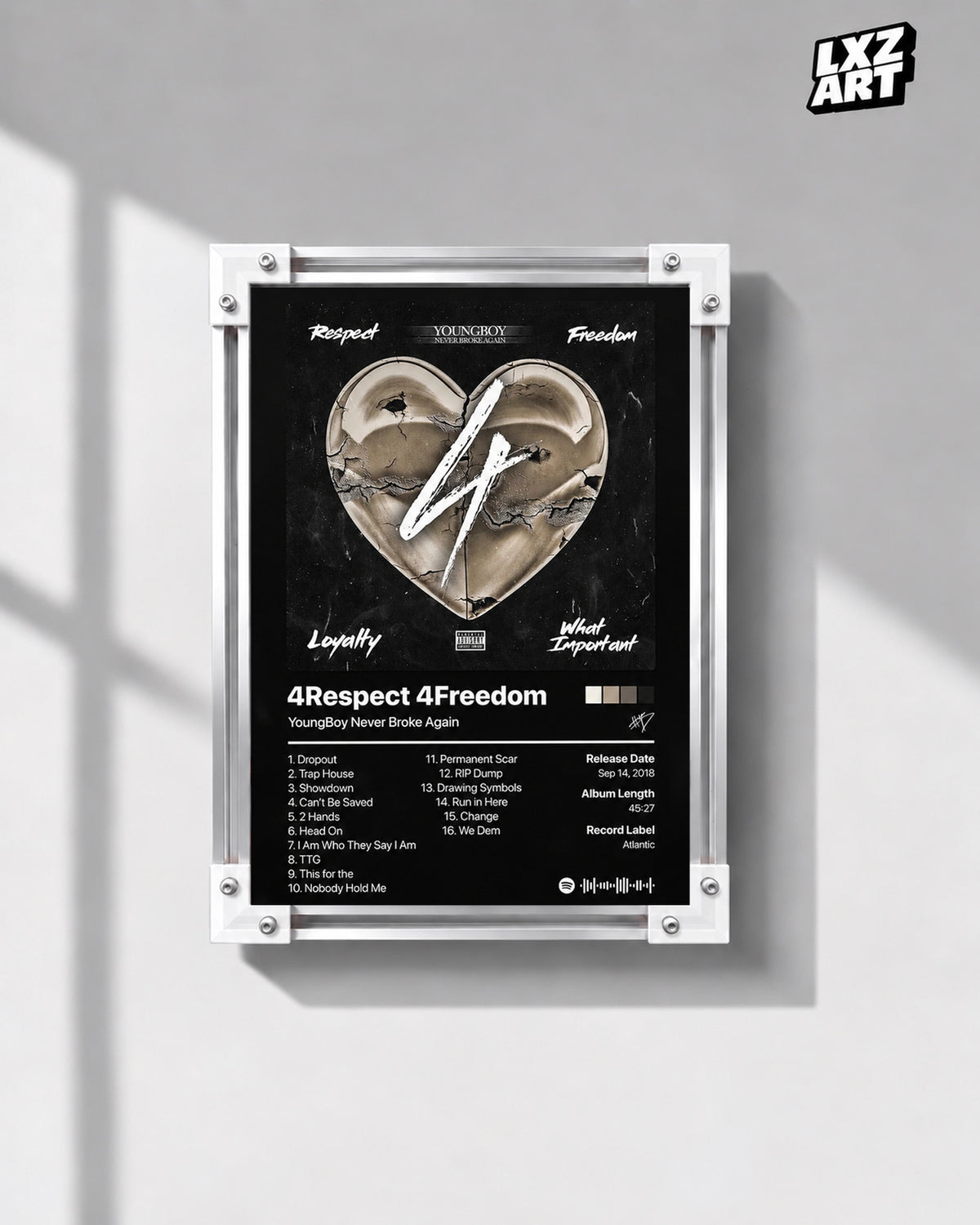 YoungBoy Never Broke Again 4Respect 4Freedom Tracklist Poster — gray wall front view; frame for display only