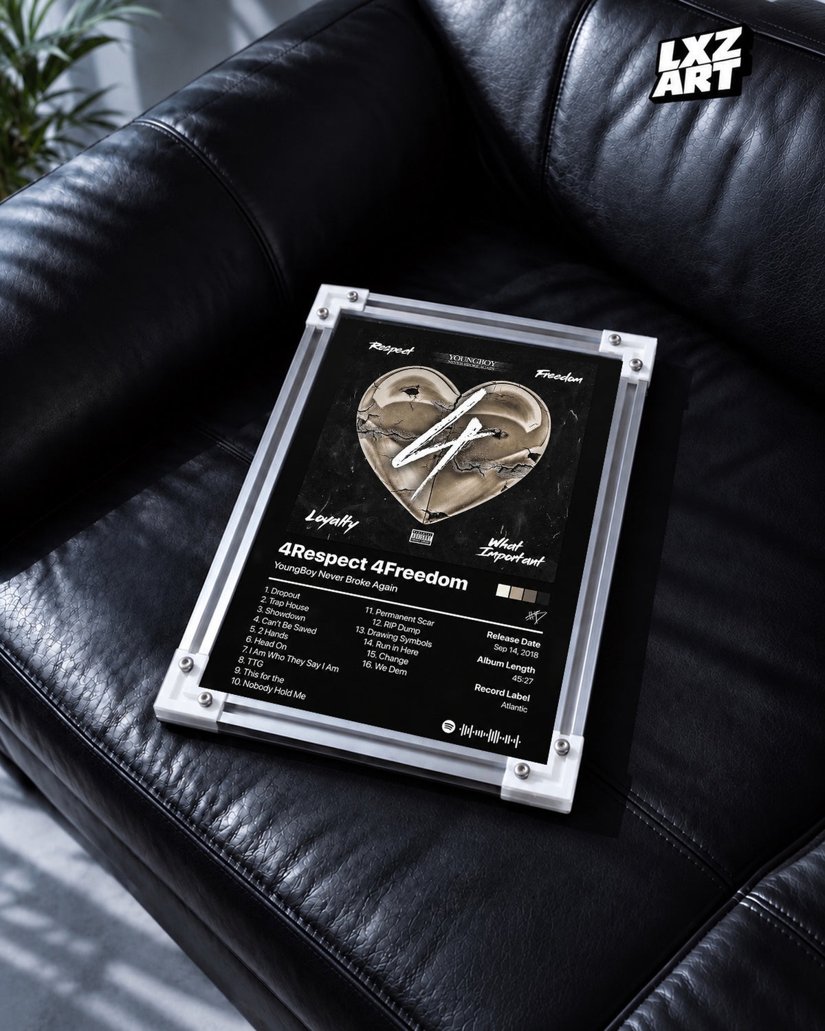 YoungBoy Never Broke Again 4Respect 4Freedom Tracklist Poster — black leather sofa; frame for display only