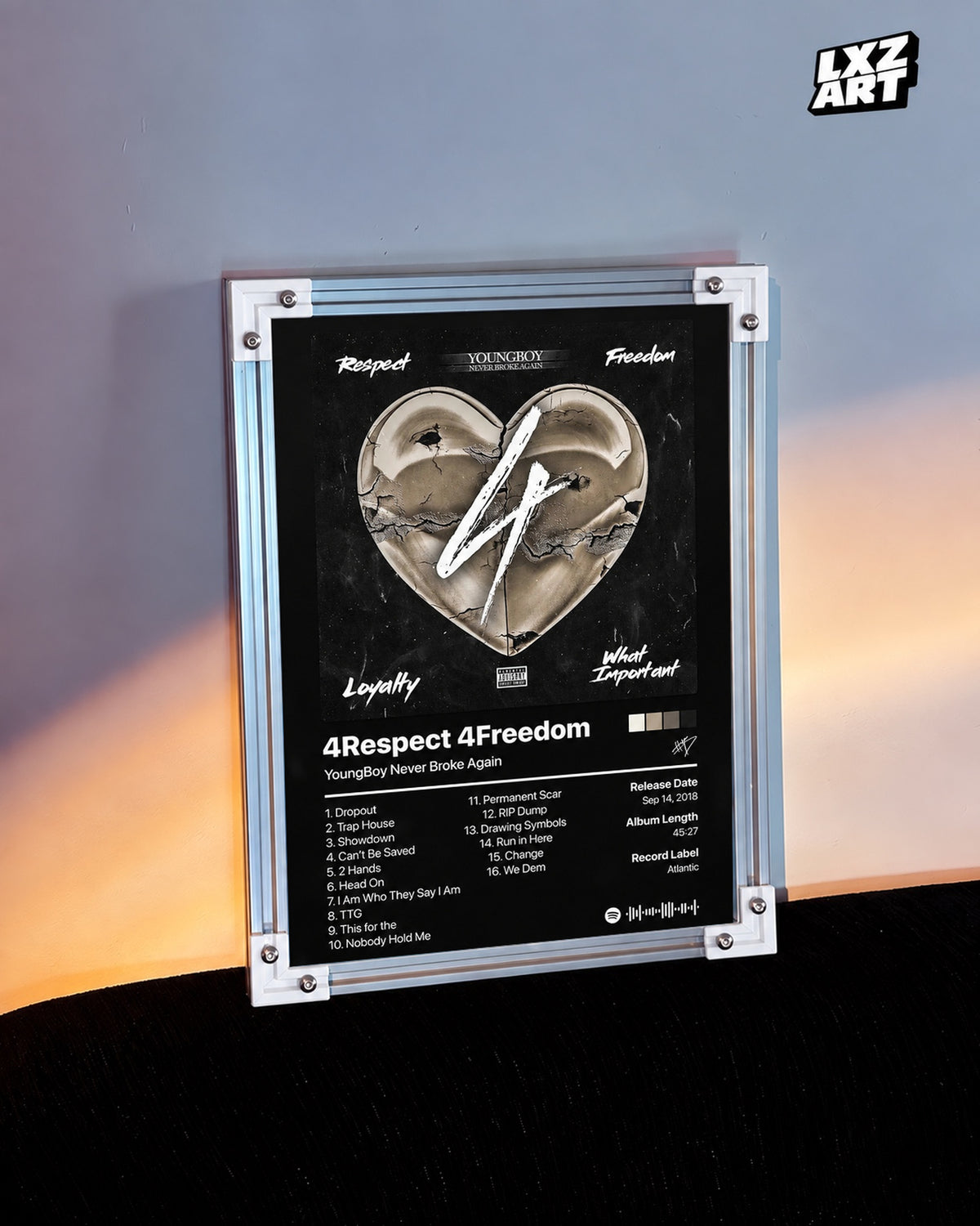YoungBoy Never Broke Again 4Respect 4Freedom Tracklist Poster — warm light wall; frame for display only