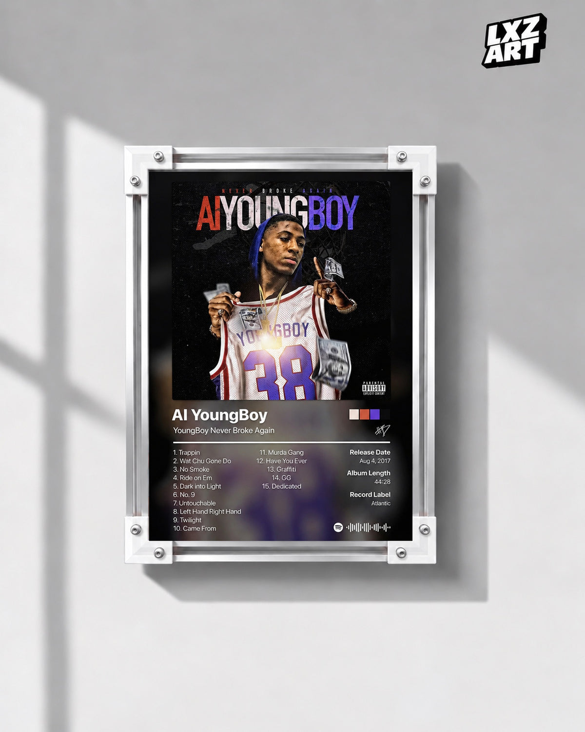 YoungBoy Never Broke Again AI YoungBoy Tracklist Poster — gray wall front view; frame for display only