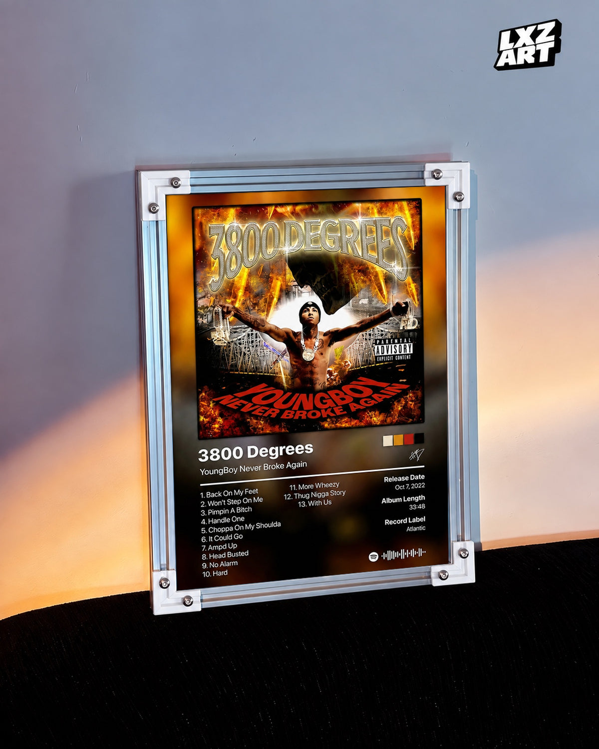 YoungBoy Never Broke Again 3800 Degrees Tracklist Poster — warm light wall; frame for display only