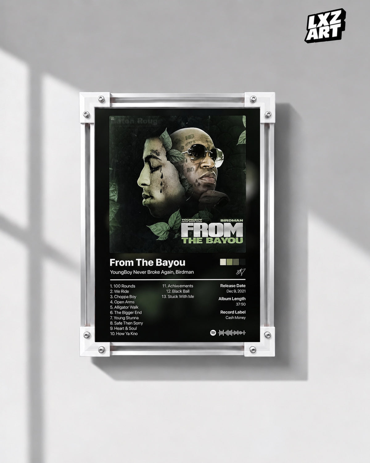 YoungBoy Never Broke Again & Birdman From The Bayou Tracklist Poster — gray wall front view; frame for display only