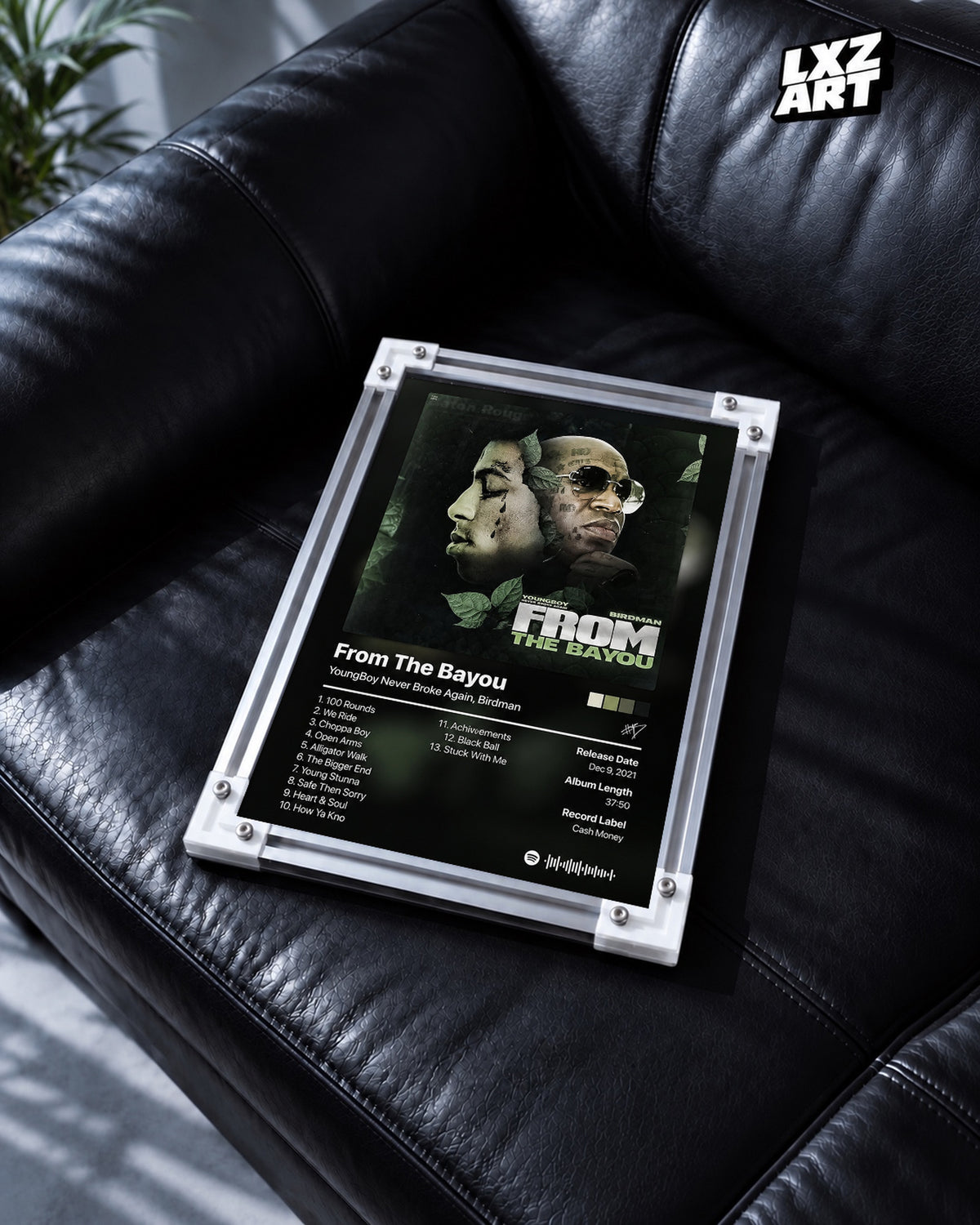 YoungBoy Never Broke Again & Birdman From The Bayou Tracklist Poster — black leather sofa; frame for display only