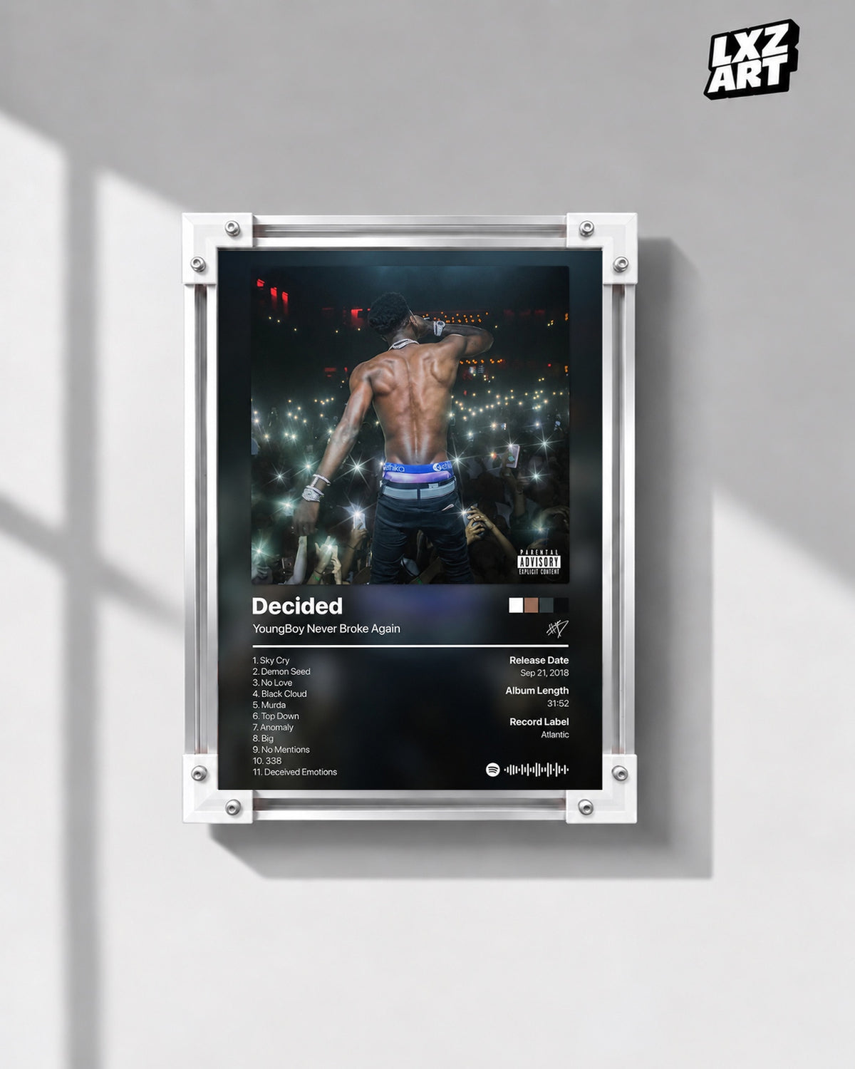 YoungBoy Never Broke Again Decided Tracklist Poster — gray wall front view; frame for display only