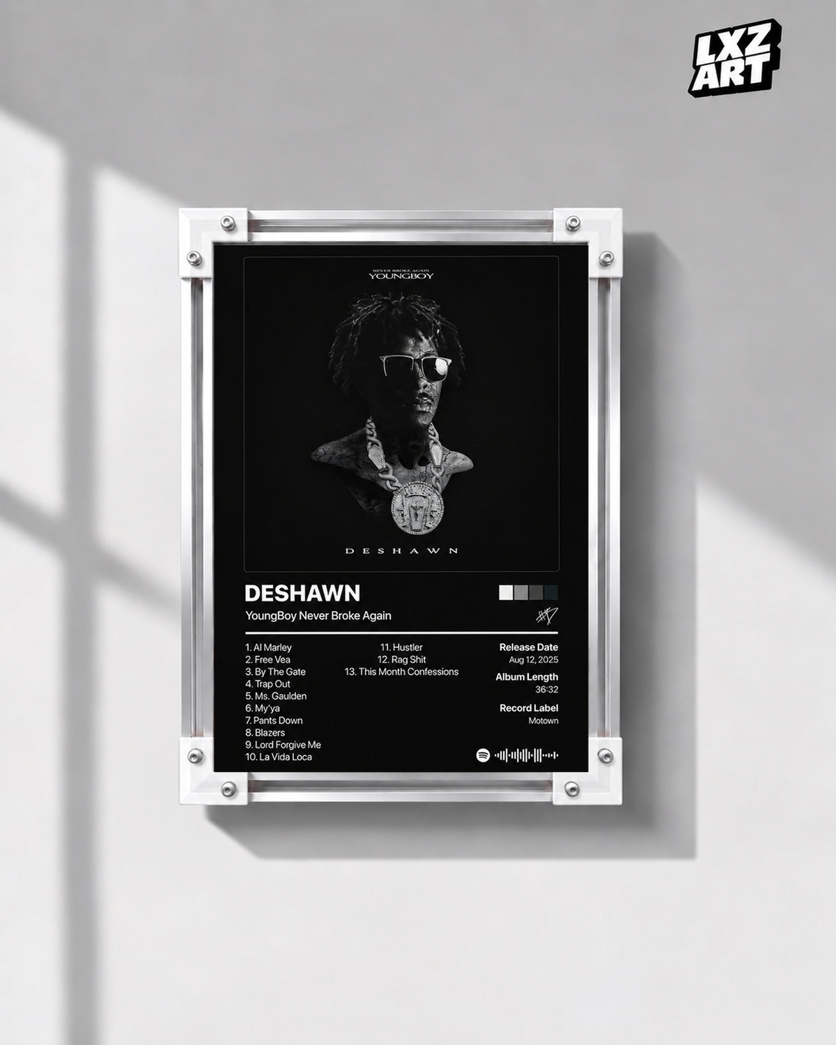 YoungBoy Never Broke Again DESHAWN Tracklist Poster — gray wall front view; frame for display only