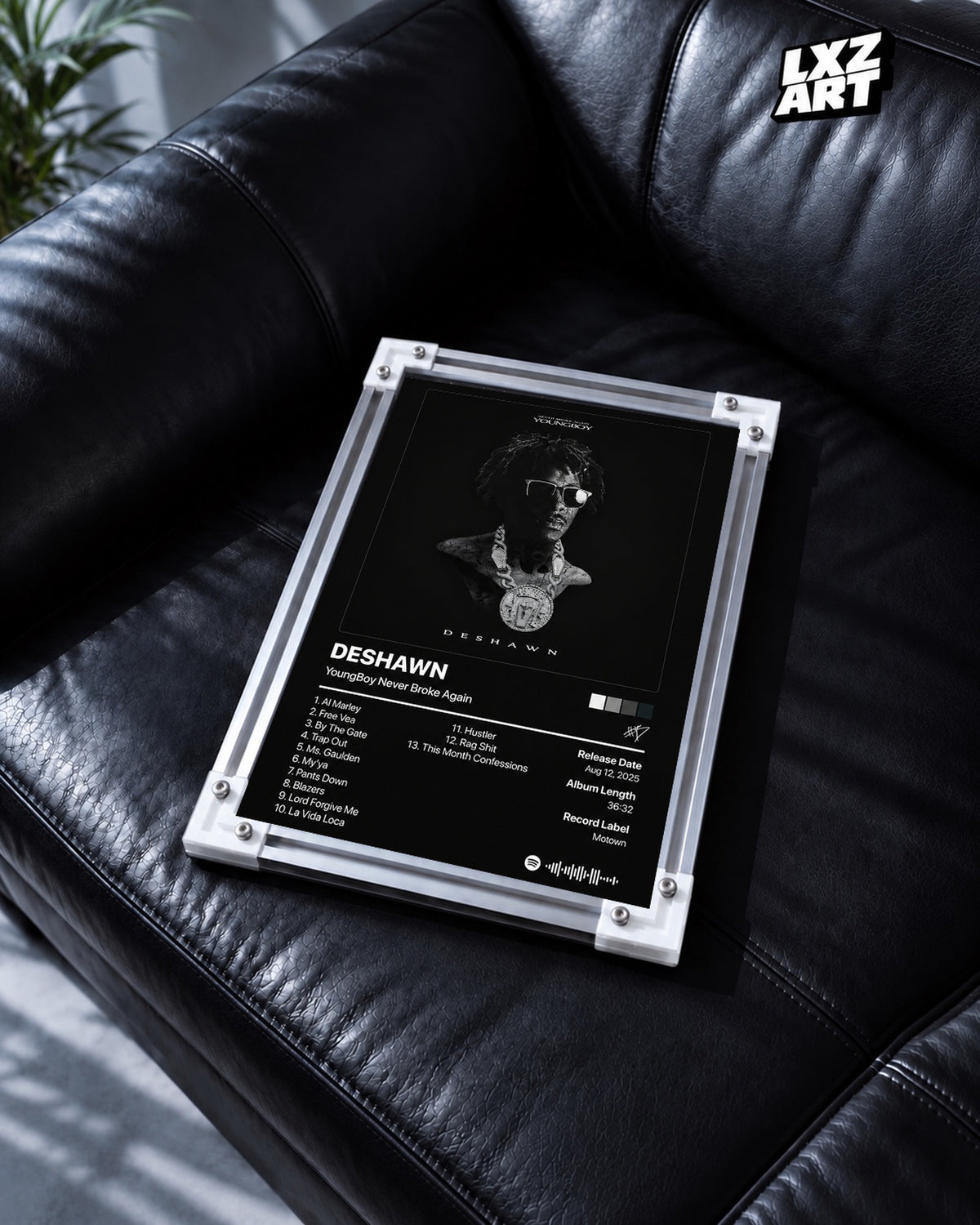YoungBoy Never Broke Again DESHAWN Tracklist Poster — black leather sofa; frame for display only