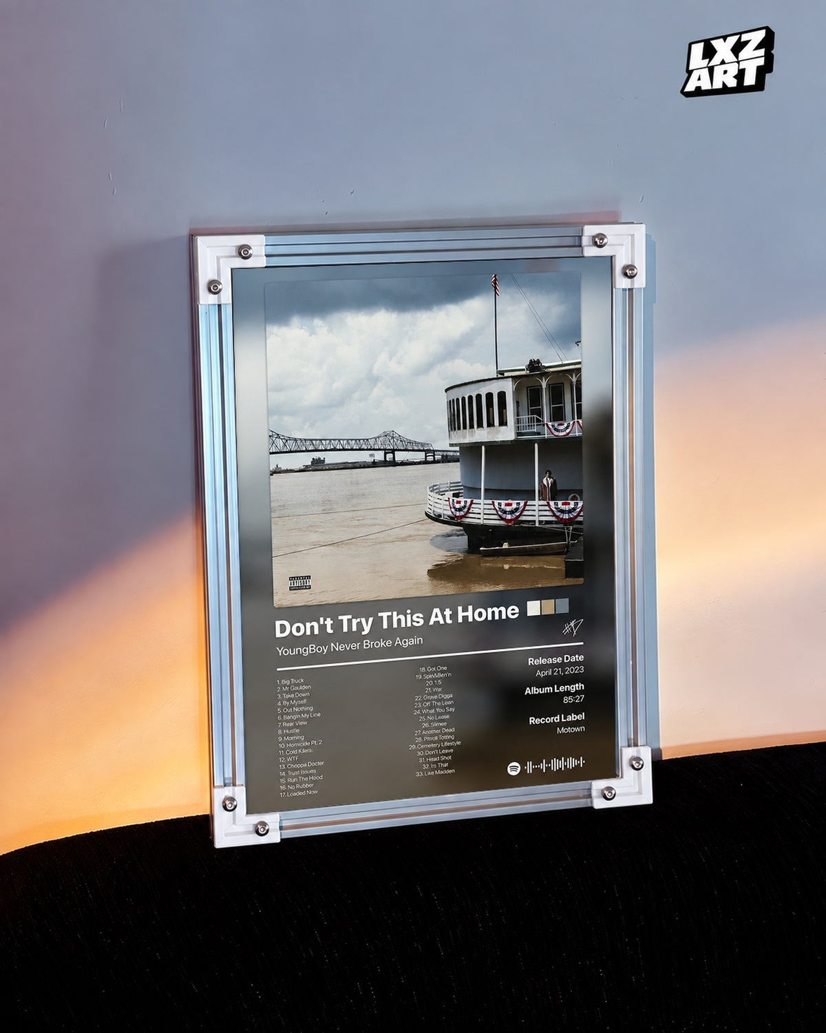 YoungBoy Never Broke Again Don't Try This At Home Tracklist Poster — warm light wall; frame for display only