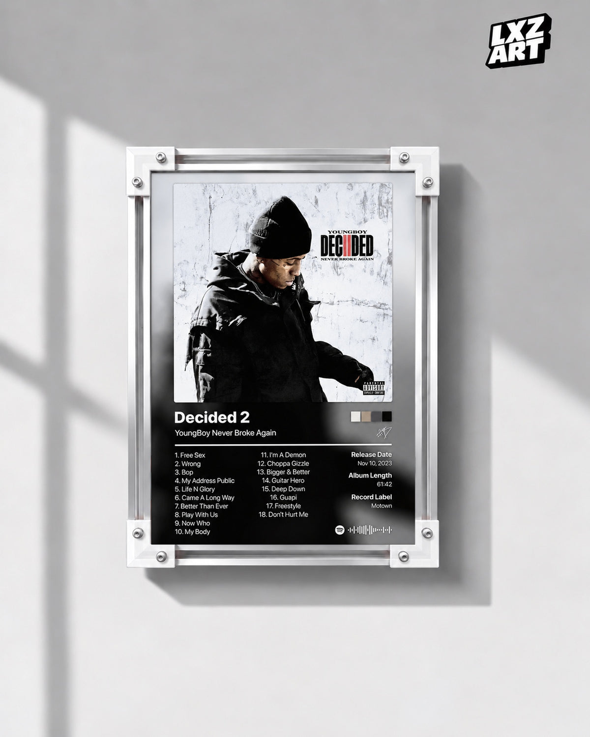 YoungBoy Never Broke Again Decided 2 Tracklist Poster — gray wall front view; frame for display only