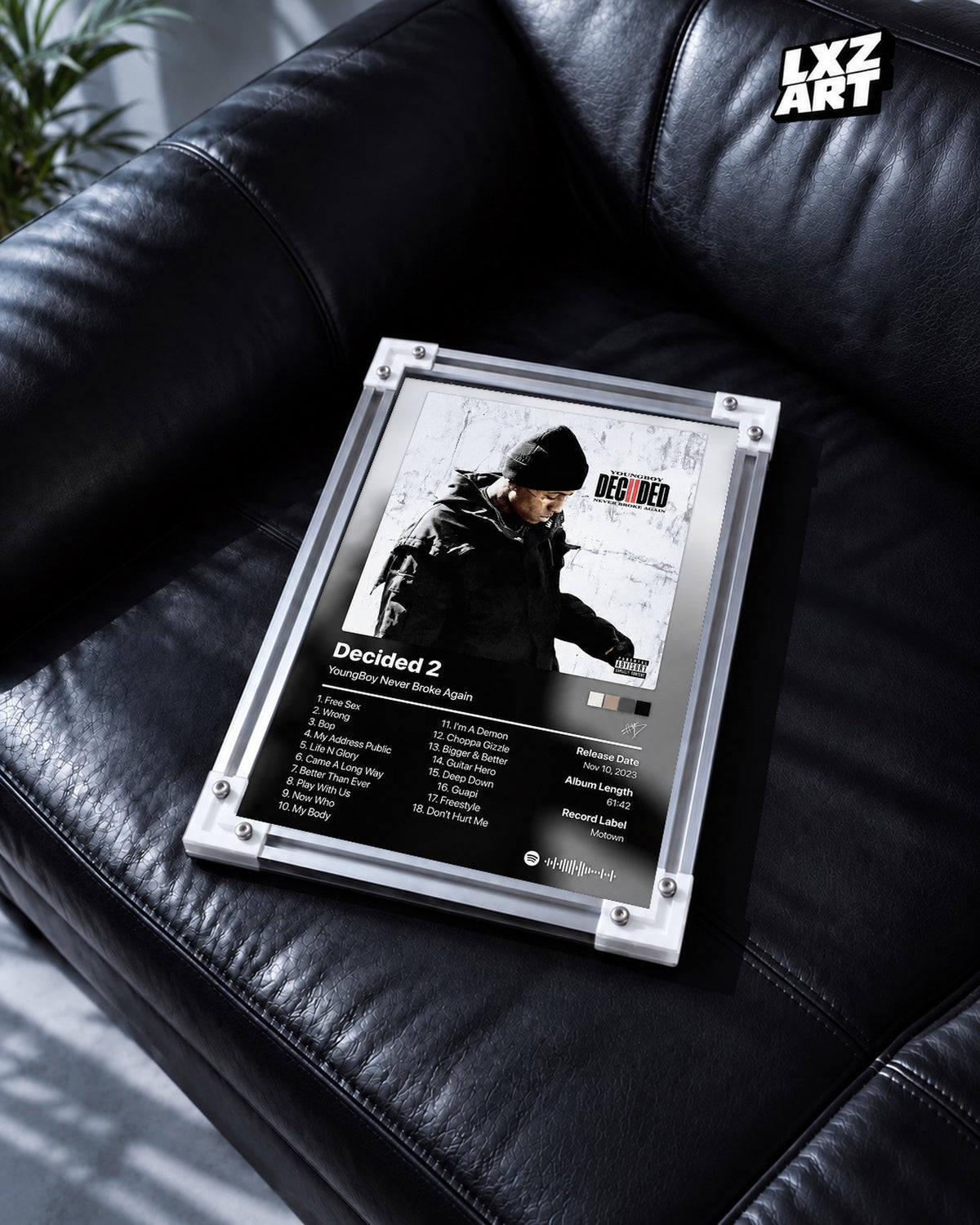 YoungBoy Never Broke Again Decided 2 Tracklist Poster — black leather sofa; frame for display only