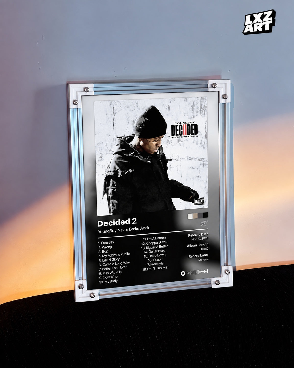 YoungBoy Never Broke Again Decided 2 Tracklist Poster — warm light wall; frame for display only