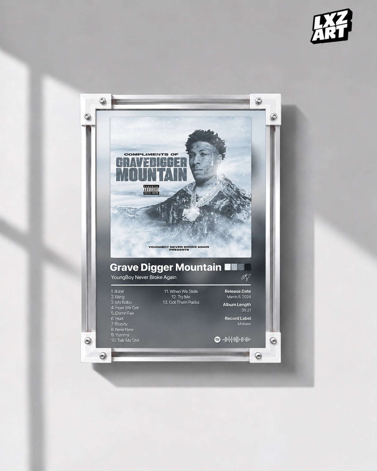 YoungBoy Never Broke Again Grave Digger Mountain Tracklist Poster — gray wall front view; frame for display only