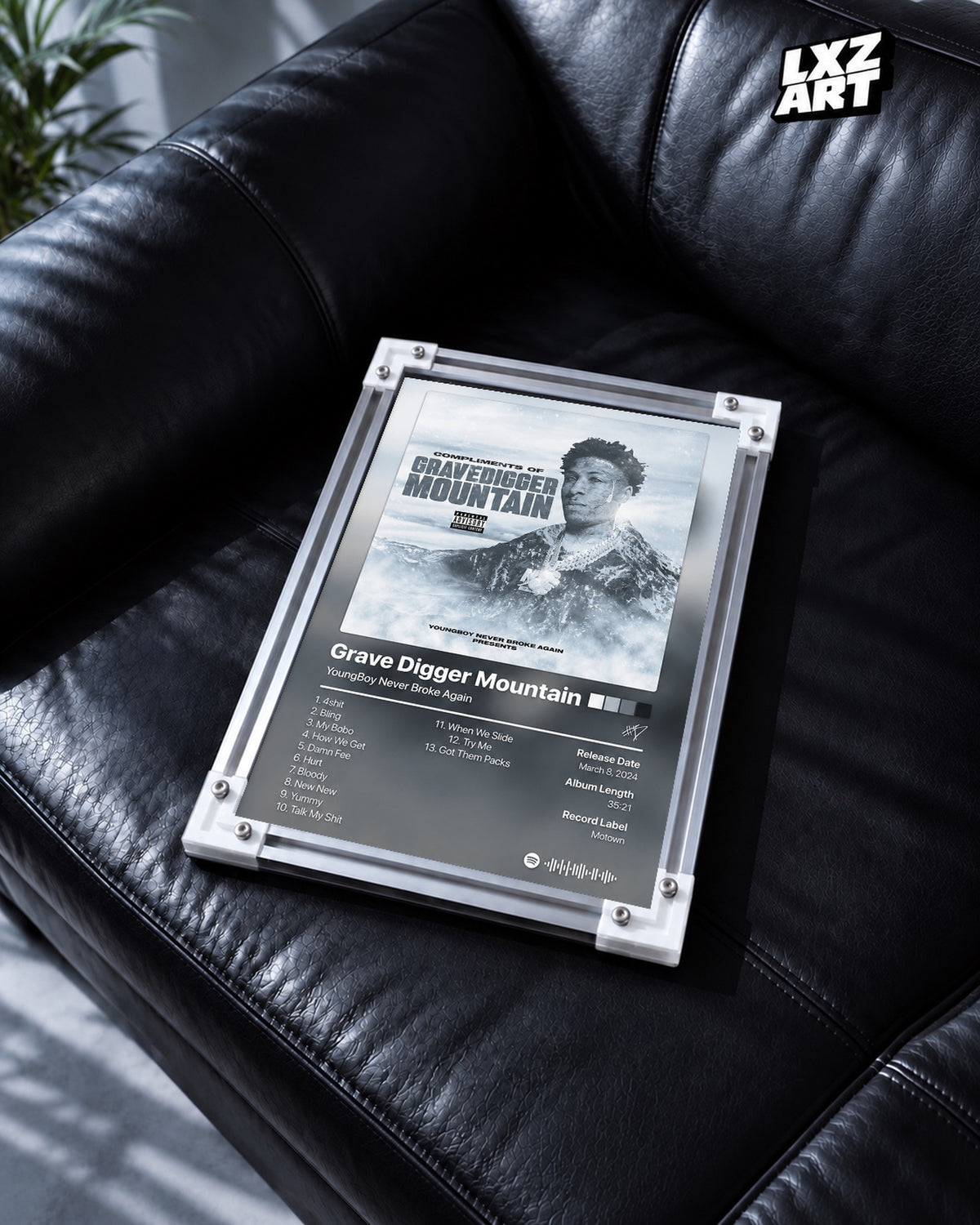 YoungBoy Never Broke Again Grave Digger Mountain Tracklist Poster — black leather sofa; frame for display only