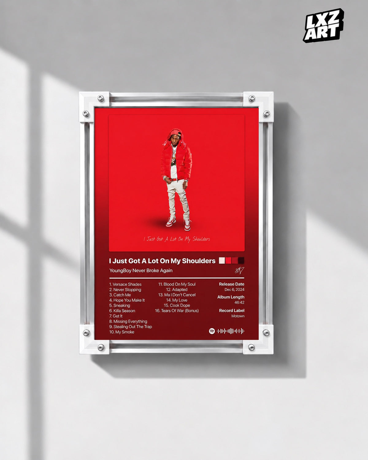 YoungBoy Never Broke Again I Just Got A Lot On My Shoulders Tracklist Poster — gray wall front view; frame for display only