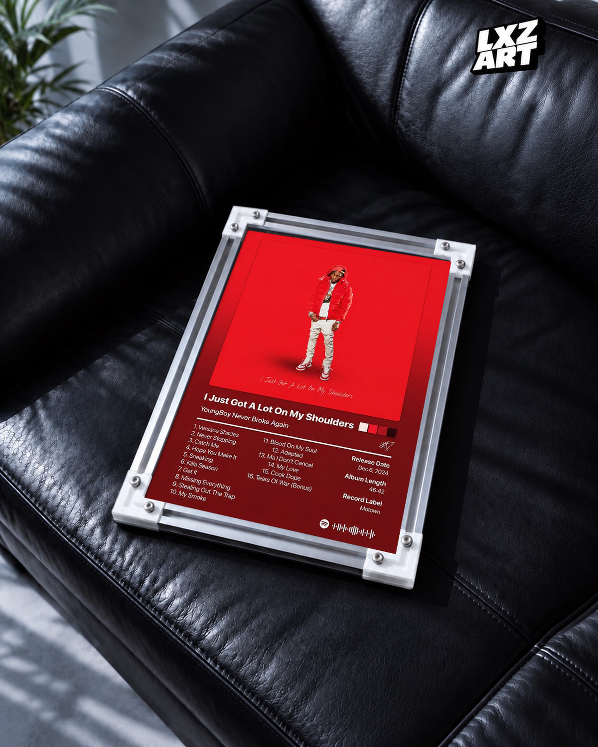 YoungBoy Never Broke Again I Just Got A Lot On My Shoulders Tracklist Poster — black leather sofa; frame for display only