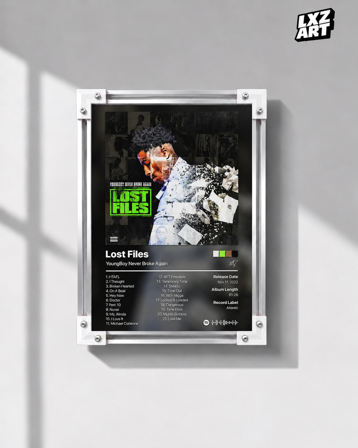 YoungBoy Never Broke Again Lost Files Tracklist Poster — gray wall front view; frame for display only
