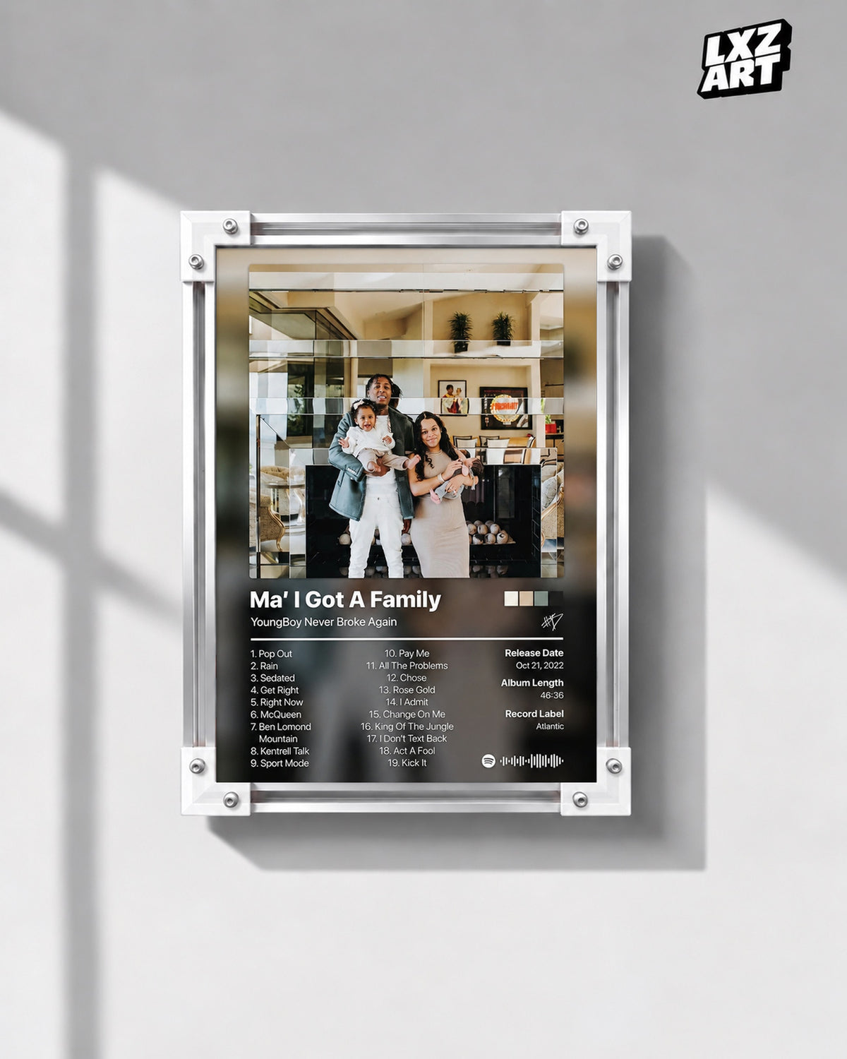 YoungBoy Never Broke Again Ma' I Got A Family Tracklist Poster — gray wall front view; frame for display only