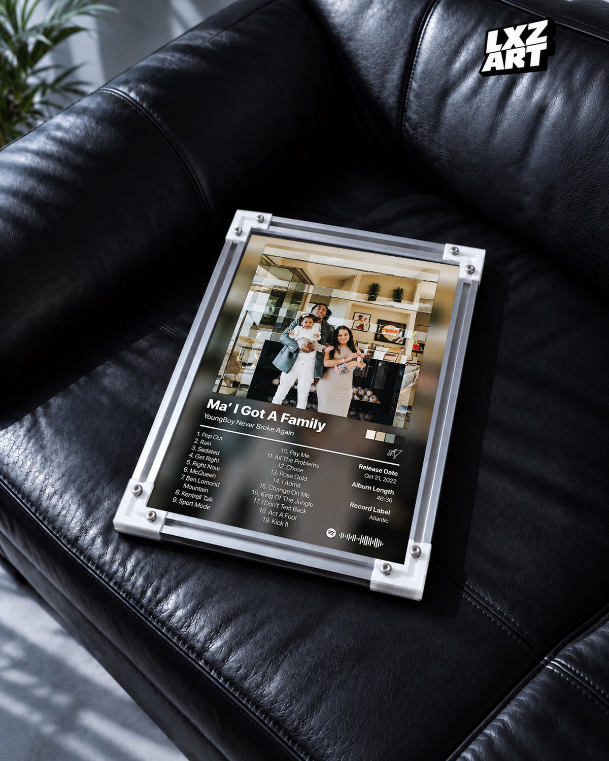 YoungBoy Never Broke Again Ma' I Got A Family Tracklist Poster — black leather sofa; frame for display only