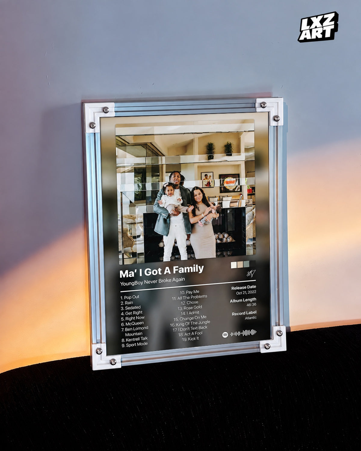 YoungBoy Never Broke Again Ma' I Got A Family Tracklist Poster — warm light wall; frame for display only