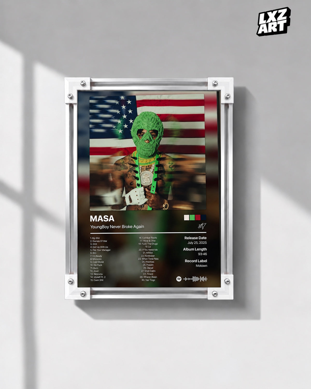 YoungBoy Never Broke Again MASA Tracklist Poster — gray wall front view; frame for display only