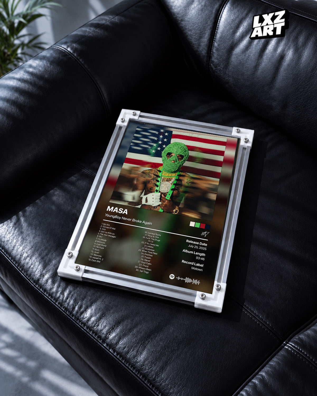 YoungBoy Never Broke Again MASA Tracklist Poster — black leather sofa; frame for display only