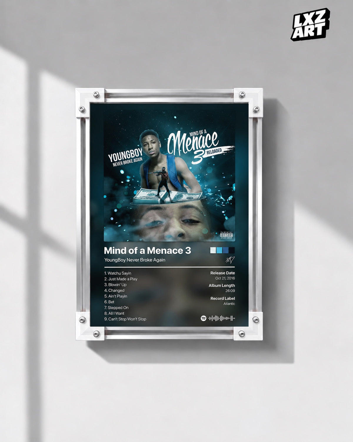 YoungBoy Never Broke Again Mind of a Menace 3 Tracklist Poster — gray wall front view; frame for display only