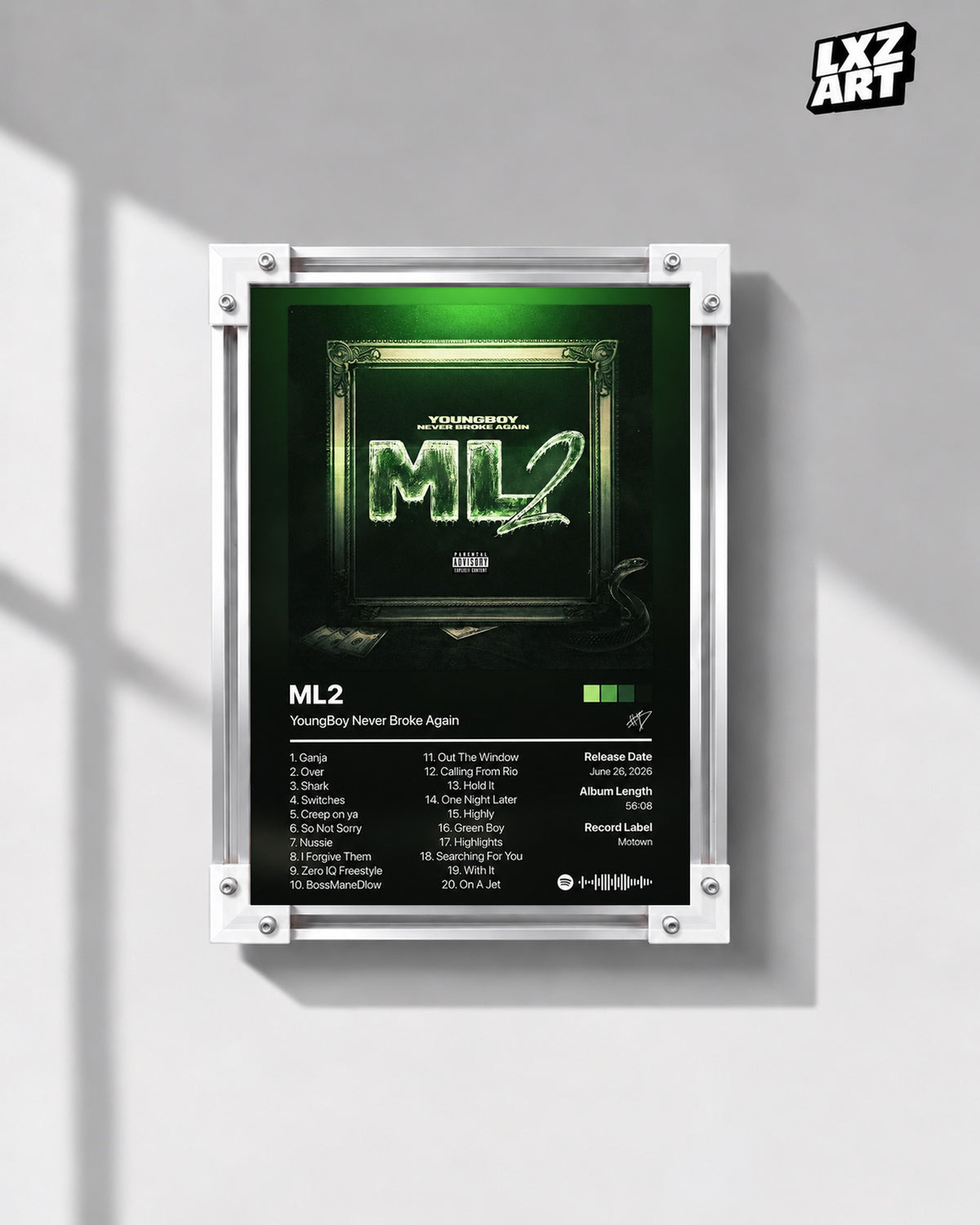 YoungBoy Never Broke Again ML2 Tracklist Poster — gray wall front view; frame for display only