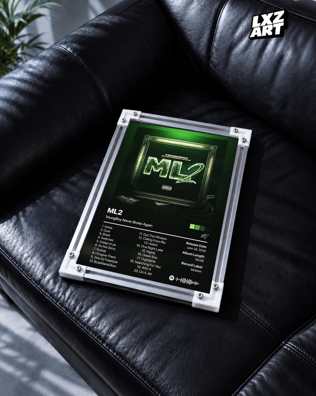 YoungBoy Never Broke Again ML2 Tracklist Poster — black leather sofa; frame for display only