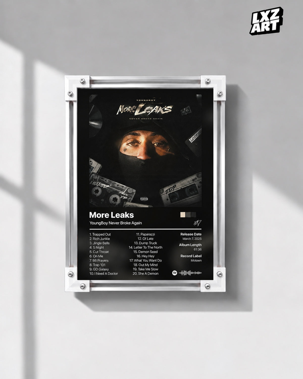 YoungBoy Never Broke Again More Leaks Tracklist Poster — gray wall front view; frame for display only