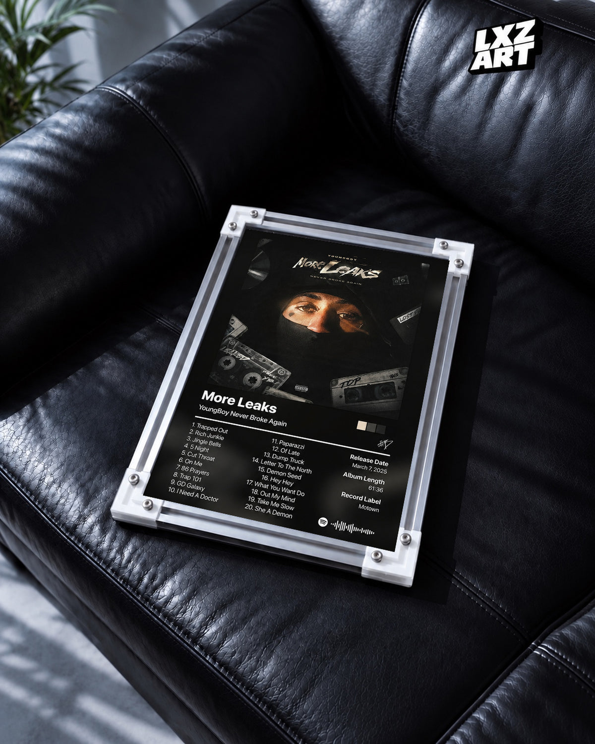 YoungBoy Never Broke Again More Leaks Tracklist Poster — black leather sofa; frame for display only