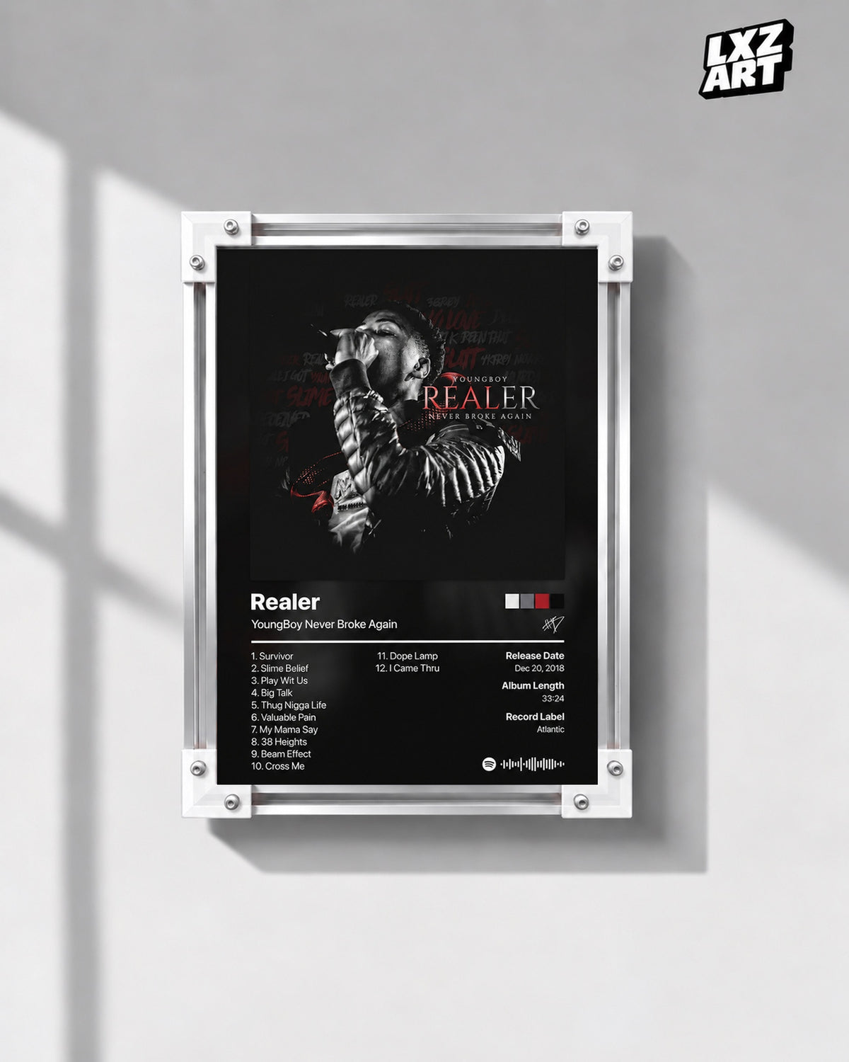 YoungBoy Never Broke Again Realer Tracklist Poster — gray wall front view; frame for display only
