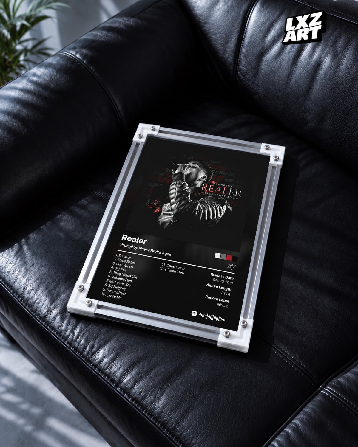 YoungBoy Never Broke Again Realer Tracklist Poster — black leather sofa; frame for display only