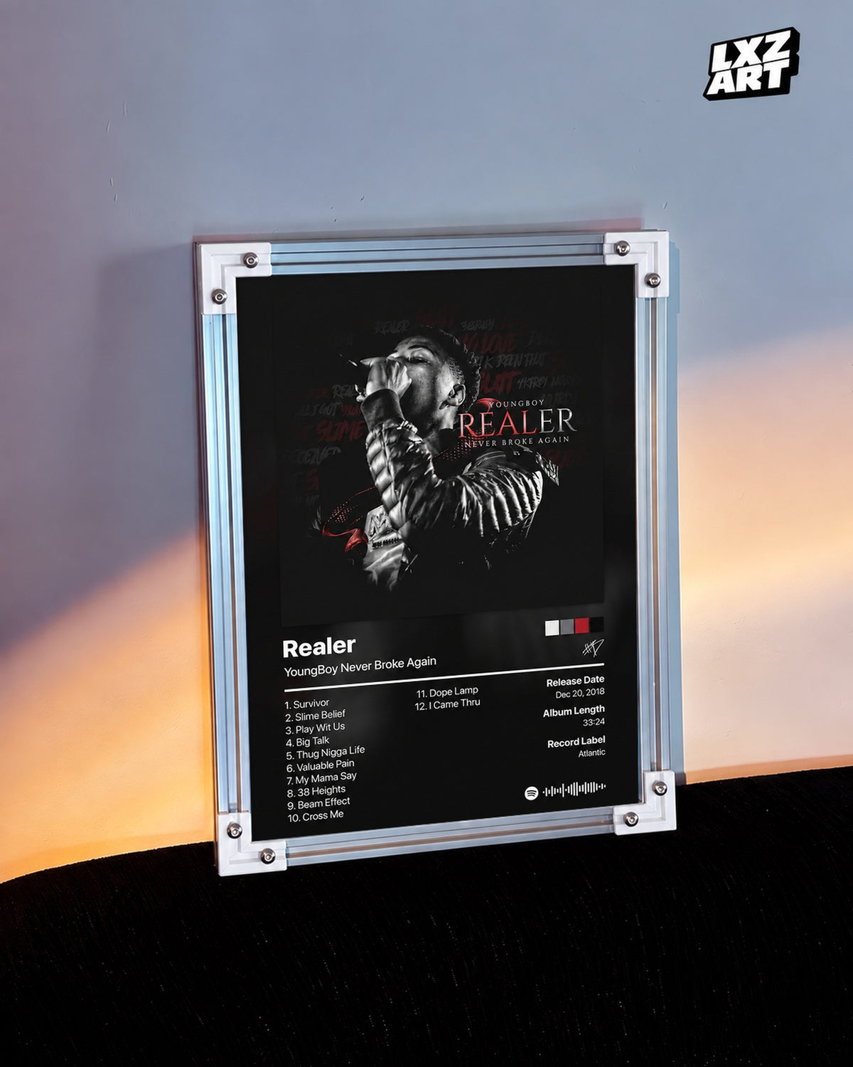 YoungBoy Never Broke Again Realer Tracklist Poster — warm light wall; frame for display only