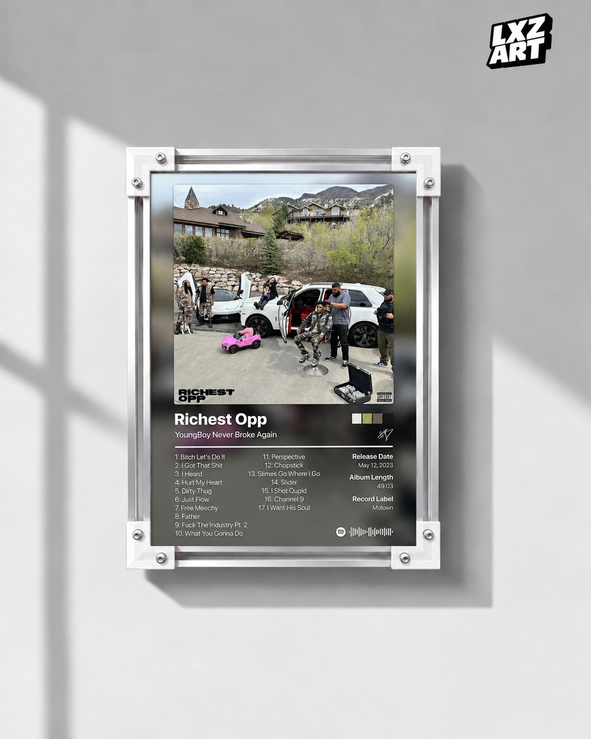 YoungBoy Never Broke Again Richest Opp Tracklist Poster — gray wall front view; frame for display only