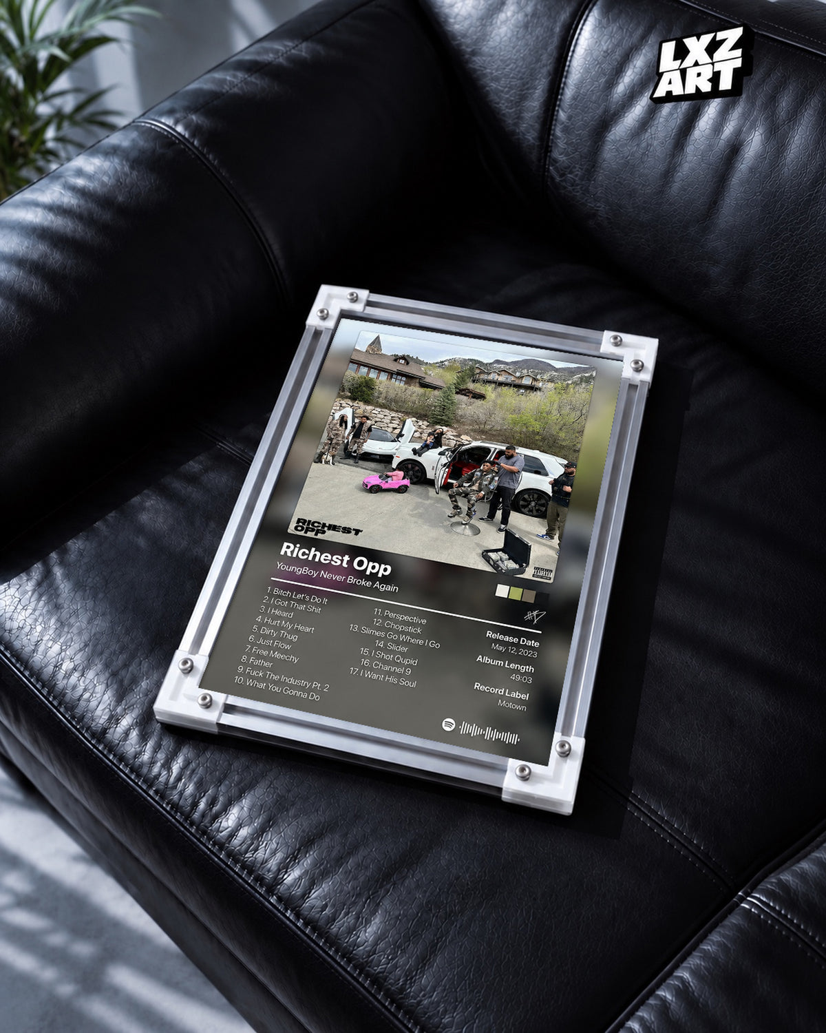 YoungBoy Never Broke Again Richest Opp Tracklist Poster — black leather sofa; frame for display only
