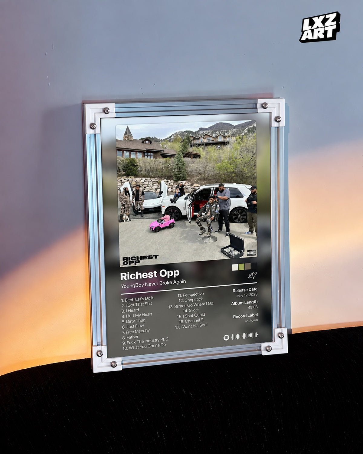 YoungBoy Never Broke Again Richest Opp Tracklist Poster — warm light wall; frame for display only
