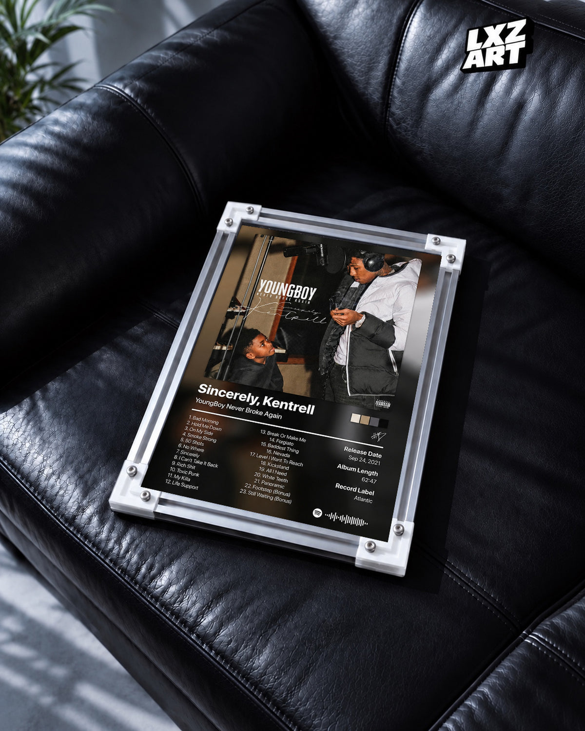 YoungBoy Never Broke Again Sincerely Kentrell Tracklist Poster — black leather sofa; frame for display only