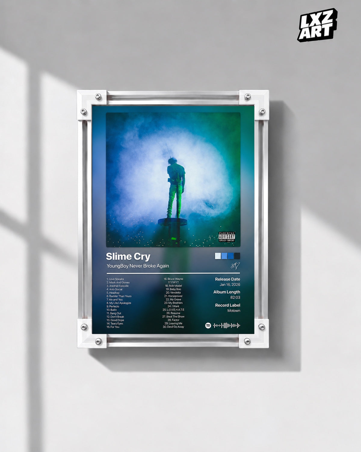 YoungBoy Never Broke Again Slime Cry Tracklist Poster — gray wall front view; frame for display only